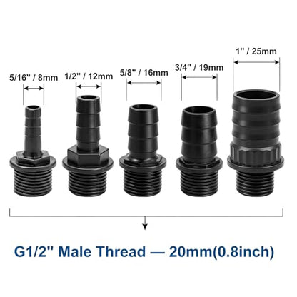 Hose Barb Fitting Set for Submersible Pump, 5PCS G1/2" Male Thread to 5/16" 1/2" 5/8" 3/4" 1" Barb Adapter Kit, PP Plastic Pump Outlet Connector for Pond Fountain Aquarium Hydroponics Water Feature