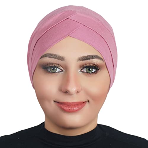 Solid Color Full Cover Inner Hijab Caps Muslim Forehead Cross Turban Stretch Hijab for Women Head Scarf Under Hijab - color: Rose