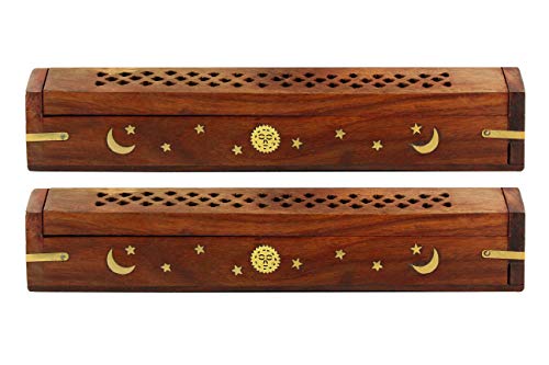 COTTON CRAFT Sheesham Wood Incense Burner Holder - Set of 2 Incense Burners - color: Natural - Sun & Moon Inlays, size: 2 Pack