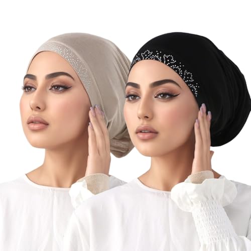 Yeieeo Women's Stretch Tube Hijab UnderCap Solid Color Hijab Headscarf For Women Lightweight Hats Breathable Liner 2pcs/4pcs - color: Black+light Khaki