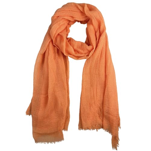 Summer Cotton Blend Crinkle Vintage Soft Scarf with Fringed Edges 35" × 70" - color: Orange