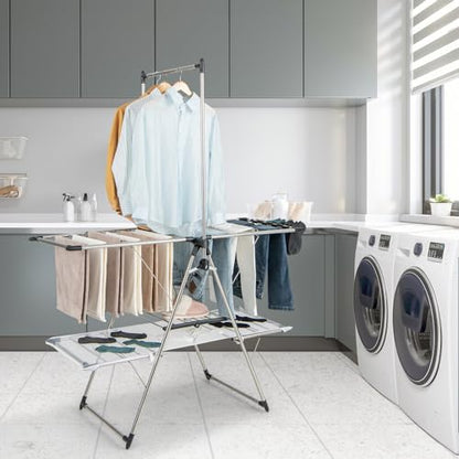 Tangkula Foldable Clothes Drying Rack, 2-Tier Laundry Drying Rack w/Tall Hanging Bar, Height Adjustable Gullwing, Freestanding Garment Stand for Indoor Outdoor Use - size: 54" x 25" x 72"