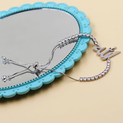 Allah Bracelet for Men and Women, Zircon Tennis Chain Adjustable Low Sensitivity Islamic True God Jewelry for Husband Wife Mom Dad's Religious Belief Gift - color: white