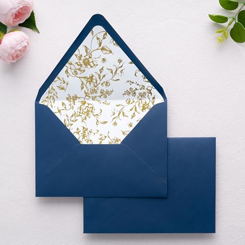 PONATIA A7 Euro Flap Gold Foil Liner Envelopes, Navy Blue 5x7 Envelopes - color: Navy Blue + Goil Foil