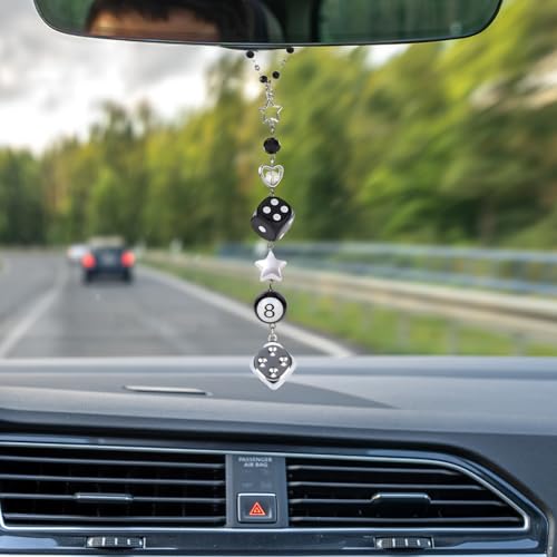 Dice Star Car Charm - Silver Black 8 Ball with Beads Rear View Mirror Charms Cars Accessories, Interior Y2K Aesthetic Hanging Ornament Pendant for Women Men - style: Dice