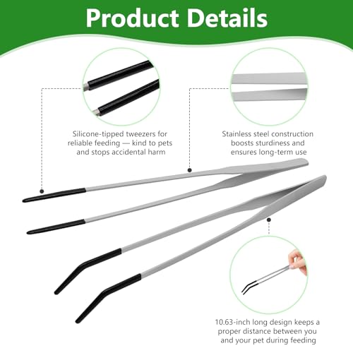 LIQALU 3 Pcs Long Aquarium Tweezers Reptile Feeding Tongs Tool for Lizards | Straight and Curved Tweezers-10.63", Spoon-8.54" Stainless Steel Feeding Tools, for Bearded Dragons, Snakes, Tank Accessories