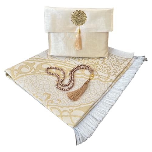 Muslim Prayer Rug and Beads with Elegant Slub Fabric Bag | Janamaz | Sajadah | Soft Islamic Prayer Rug | Islamic & Mawlid Gifts | Prayer Carpet Mat, Taffeta Fabric (Gold, 1 Sets) - color: Gold, size: 1 Sets
