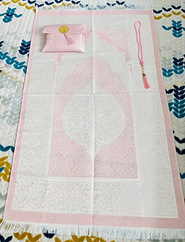 Muslim Prayer Rug and Beads with Elegant Slub Fabric Bag | Janamaz | Sajadah | Soft Islamic Prayer Rug | Islamic & Mawlid Gifts | Prayer Carpet Mat, Taffeta Fabric (Pink, 8 Sets) - color: Pink, size: 8 Sets