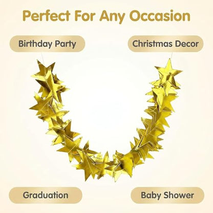 78 Feet Gold Star Garland, Double-Sided Gold Stars Garland with Elegant Star-Shaped Lace, Hanging Bunting Decorations for Birthday Wedding Christmas Ramadan Party Supplies
