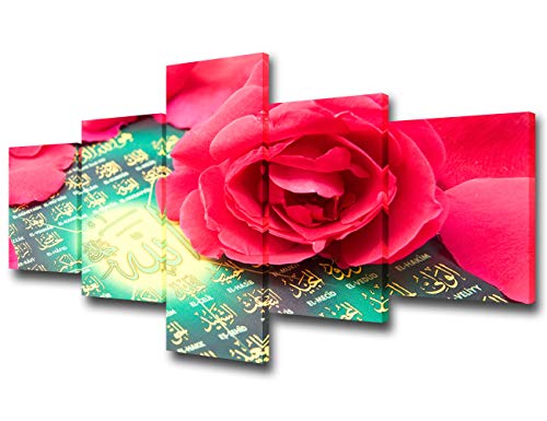 Red Rose Wall Picture for Living Room Arabic Script Canvas Wall Art Religious Islam Painting Ramadan Islamic Artwork 5 Panels Home Decor Living Room Ready to Hang Poster and Prints(50Wx24H inches) - color: Artwork-03, size: 50''Wx24''H