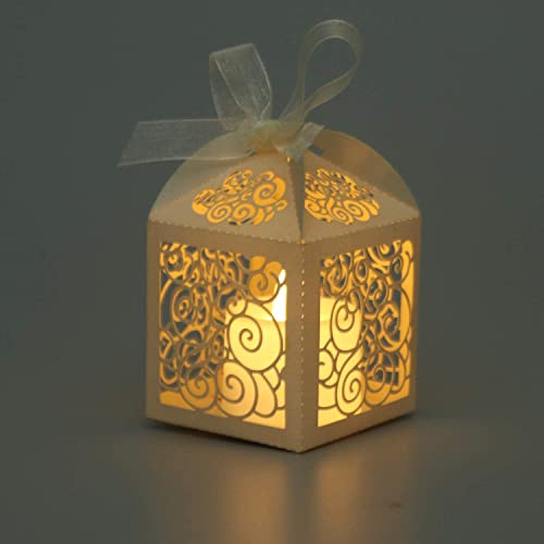 KPOSIYA 70 Pack Wedding Favor Boxes Laser Cut Boxes Party Favor Box Small Gift Boxes Lace Candy Boxes for Wedding Bridal Shower Baby Shower Birthday Party Anniverary with Ribbons (Beige, 70) - color: Beige 70
