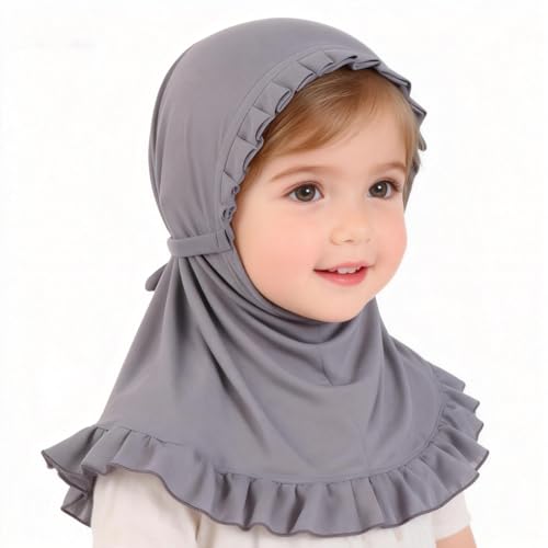 GREUS 2Pcs Kids Hijab for 2-6Y Girls Muslim Headscarf One Piece Hijabs Khimar Islam Arab Scarf Turban Bandana Hat Head Wrap - color: Set G (Grey + Pink)