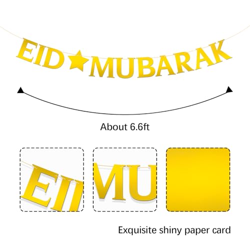 Eid Mubarak Banner - Moon Ramadan Kareem Party Decor - Baby Shower - Perfect Eid Gifts - Islamic Muslim Party Supplies - Mirror Gold