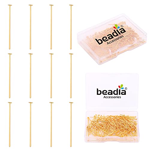 BEADIA 18K Gold Plated Flat Head Pins Non Tarnish 25mm 200pcs for Jewelry Making Findings - color: Flat Head Pins Gold, size: 25x0.7mm