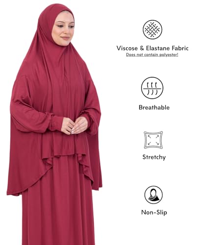 Prien Soft Prayer Dress For Women, Muslim Abaya Hijab Set, Long Turkish Cotton Praying Outfit, Islamic Clothes For Ramadan - color: Burgundy
