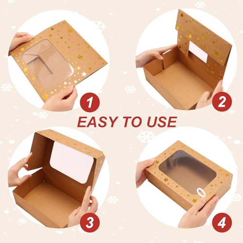 24 Pack Christmas Cookie Boxes,Gold Star Bakery Boxes with Window (9x6x3 Inch),Sturdy Pastry Boxes for Baked Goods,Treat Box for Holiday Gift Exchange, Cookie Tins with Lids for Gift Giving - color: Gold Star-Brown