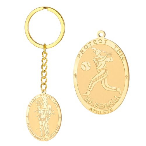 Dreamtimes St. Sebastian Medal Keychain for Men Women Stainless Steel Religious Saint Patron of Athletes Catholic Keychain - style: Baseball-g