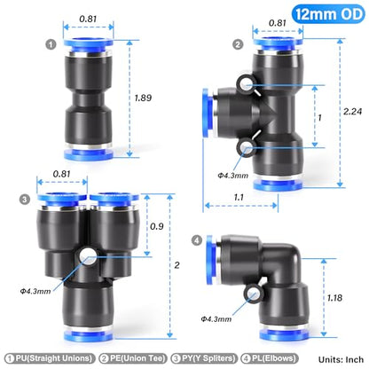 TAILONZ PNEUMATIC 12mm od Push to Connect Fittings Pneumatic Fittings Kit 5 Spliters+5 Elbows+5 tee+5 Straight (20 pcs) - color: Blue, size: 12MM OD/20PCS