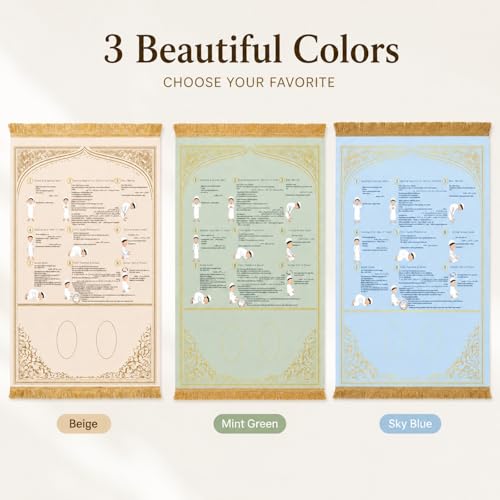 3-Pack Suede Prayer Mat with Instructions, Muslim Prayer Rug Set | Beige, blue, and green suede prayer mat set with clear Salah instructions for home, school, travel, kids, and reverts. - color: Blue, Beige, Green