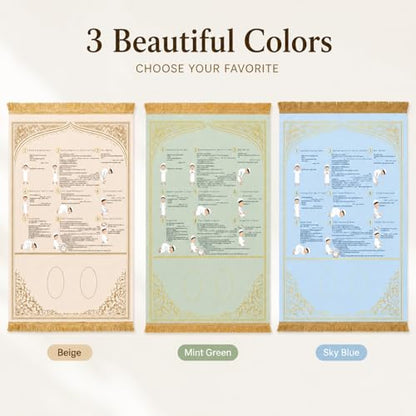 3-Pack Suede Prayer Mat with Instructions, Muslim Prayer Rug Set | Beige, blue, and green suede prayer mat set with clear Salah instructions for home, school, travel, kids, and reverts. - color: Blue, Beige, Green