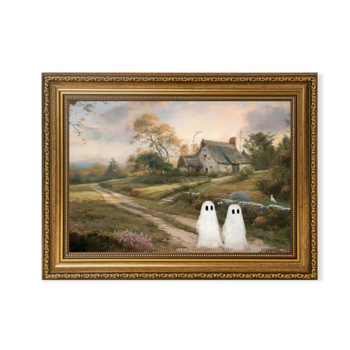 Halloween Gold Framed Landscape with Ghosts Canvas Wall Art 12x16 in - color: ghost, size: 16"L x 12"W