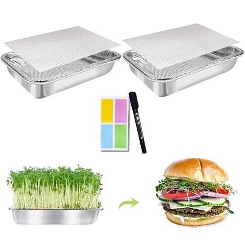 Microgreens Growing Kit 2-Tier 10.4 Inch Sprouting Trays | Stainless Steel Seed Sprouter with 0.3mm Encrypted Silicone Mesh,Beans Broccoli Alfalfa and Wheatgrass Sprouts Growing Kit - size: 10.4"L × 7.67"W Tray