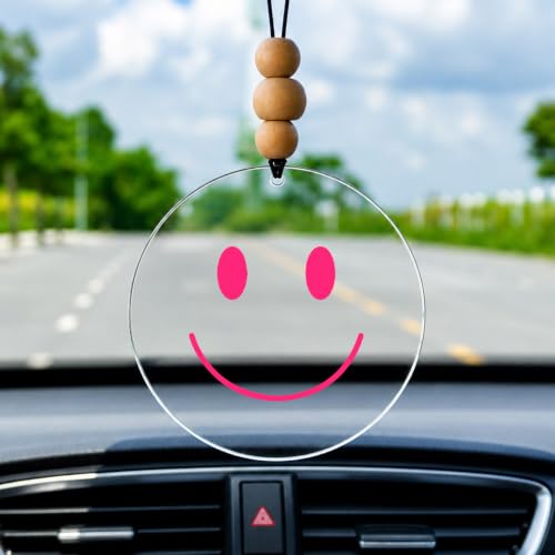 Talataca Smiley Face 2D Flat Car Ornament & Wood Beads, Pink Happy Face Beaded Rear View Mirror Accessories, Rearview Hanging Charm, Christmas Tree Decor - color: 3