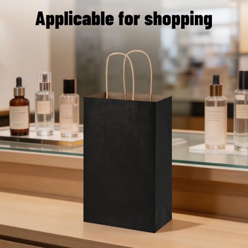 Oikss 50 Pack 5.25x3.25x8.25 inch Small Kraft Paper Bags with Handles Bulk, Birthday Wedding Party Favors Grocery Retail Shopping Business Goody Craft Gift Bags Cub Sacks (Black) - color: Black
