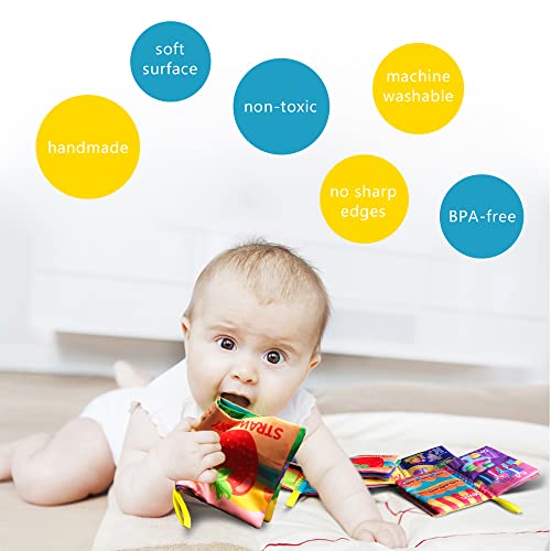 Soft Cloth Baby Books 4 Pack,ABC-Z&1-10&Colour&Fruit,Touch Crinkle Sensory Toys for Newborn Infants Toddler Non-Toxic Early Educational Preschool Learning Toy Gift 0-3 6-12 18 Months