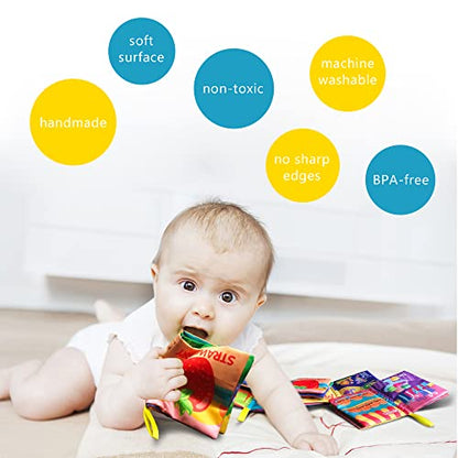 Soft Cloth Baby Books 4 Pack,ABC-Z&1-10&Colour&Fruit,Touch Crinkle Sensory Toys for Newborn Infants Toddler Non-Toxic Early Educational Preschool Learning Toy Gift 0-3 6-12 18 Months