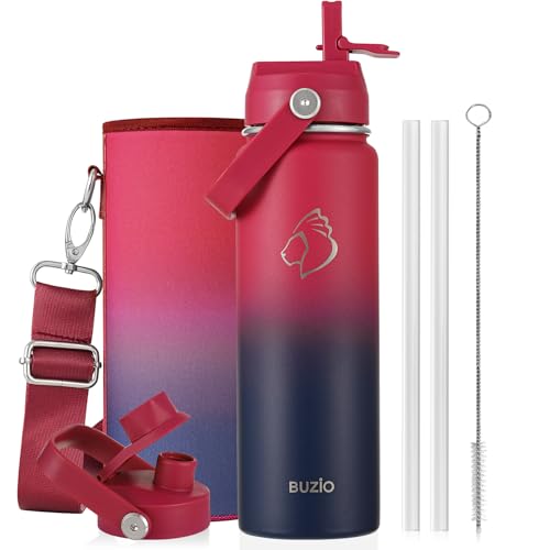 BUZIO 24 oz Insulated Water Bottle, Stainless Steel Wide Mouth Water Flask with Straw Lid, Cold for 48 Hrs Leak Proof Metal Hydro Thermo Canteen Mug, Red Navy - color: Ruby Red Navy, size: 24 Ounces