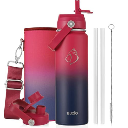 BUZIO 24 oz Insulated Water Bottle, Stainless Steel Wide Mouth Water Flask with Straw Lid, Cold for 48 Hrs Leak Proof Metal Hydro Thermo Canteen Mug, Red Navy - color: Ruby Red Navy, size: 24 Ounces