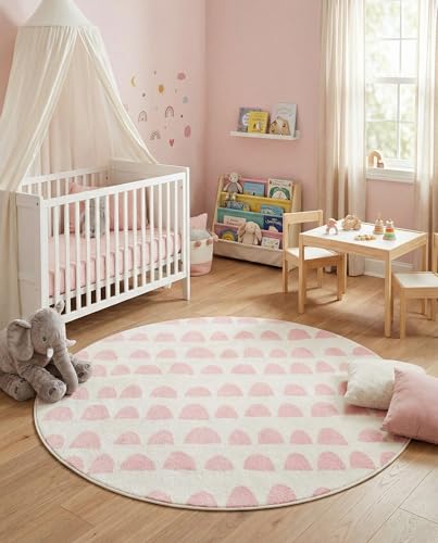 Rugs.com Whimsy Kids Collection Rug – 5 Ft Round Ivory and Pink Medium-Pile Rug Perfect for Kitchens, Dining Rooms - color: Ivory and Pink, size: 5' Round