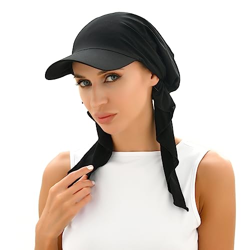 Women Muslim Headscarf Hat Pre Tied Hair Loss Turban Solid Color Chemo Baseball Cap Slouchy Bonnet Head Cover - color: Black-