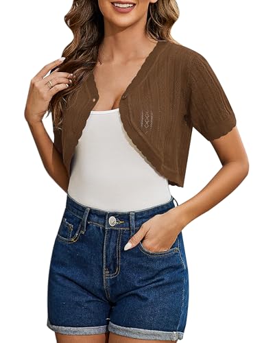 Totatuit Women's Short Sleeve Cropped Cardigan Open Front Bolero Shrugs for Dresses Crochet Button Down Sweaters - color: Coffee, size: X-Large