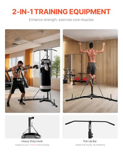 VEVOR Punching Bag Stand, Steel Heavy Duty Workout Training Equipment, Adjustable Height Boxing Punching Stand with Weighted Base, Holds Up to 140 lbs, Freestanding Sandbag Rack for Home Gym Fitness - style: 2-in-1 Punching Bag Stand with Pull-Up Bar
