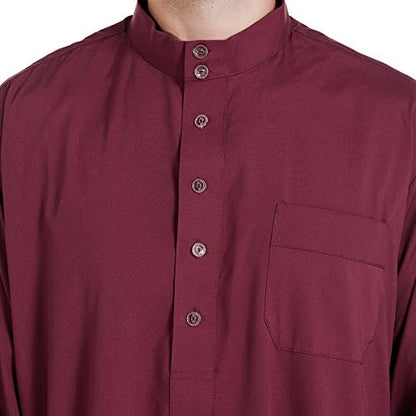 Men Arabic Long Sleeve Pure Color Thobe Crew Stand Collar Kaftan Robe with Button - color: Red, size: X-Large