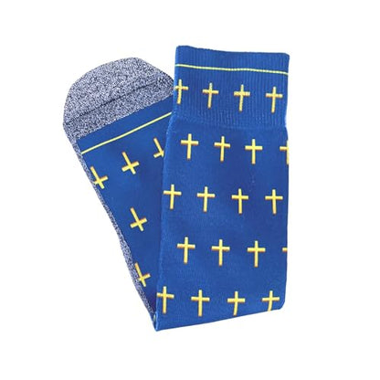 Men's – Christian Crew Socks for Men with Scripture | Moisture-Wicking | Easter Gift Idea - color: Blue and Gold Crosses