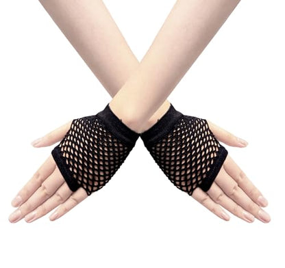 Short Fishnet Gloves for Women Fingerless Mesh Fishing Net Gloves 80s Fish Net Arm Sleeves Halloween Party Cosplay Costume - color: Black