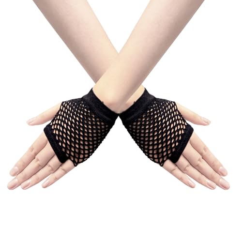 Short Fishnet Gloves for Women Fingerless Mesh Fishing Net Gloves 80s Fish Net Arm Sleeves Halloween Party Cosplay Costume - color: Black