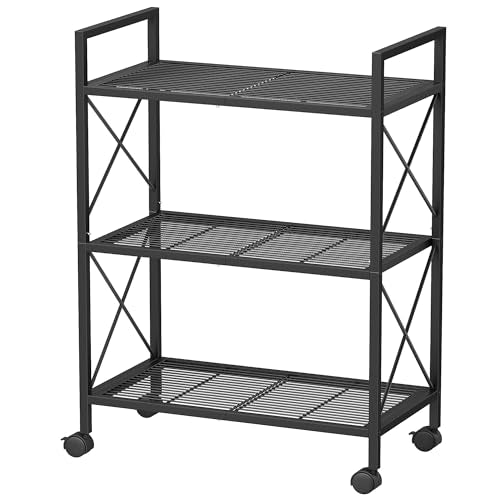 SONGMICS 3-Tier Metal Storage Rack with Wheels, Mesh Shelving Unit with X Side Frames, 23.6-Inch Width, for Entryway, Kitchen, Living Room, Bathroom, Industrial Style, Black UBSC163B01 - color: Black, size: 3 Tiers (23.6"W)