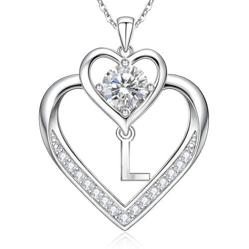 RIVIKO 1 Carat Moissanite Heart Initial Necklace for Women,Letter Pendant - color: Letter L