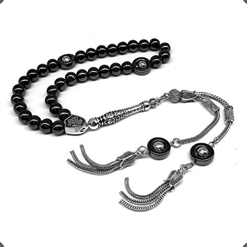 Design - Long & Stylist Tassels Worry Beads - Prayer Beads (8 mm-33 Beads) Tesbih-Tasbih-Tasbeeh-Misbaha-Subha-Sebha-Sibha-Rosary (Black Hematite - Silver Plated) - color: Black Hematite - Silver Plated