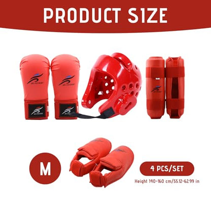 Karate Sparring Gear Set Includes 1 Helmet 1 Pair Gloves & Pair Leg Guard, Protective Polyester for Taekwondo Biking Red M