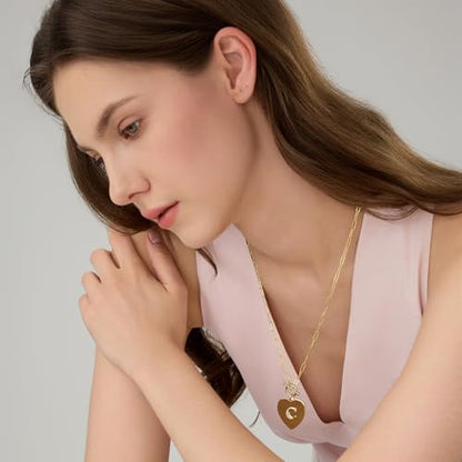 14K Gold Filled Heart Initial Necklace for Women, Dainty Alphabet Pendant Necklace with Paperclip Chain, Hypoallergenic Jewelry Gift for Her - color: Letter C
