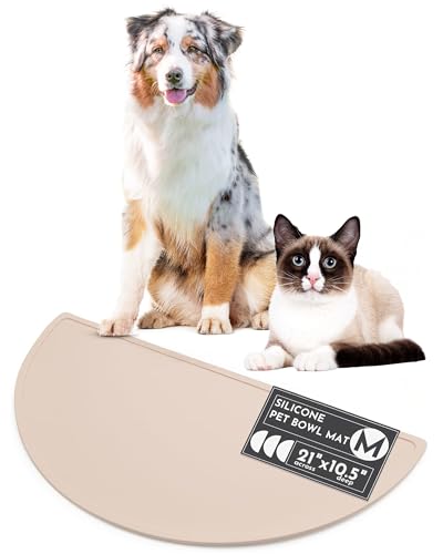 Waterproof Silicone Dog Food Mat – Medium Size Non-Slip Pet Bowl Mat, Raised Edge Design, Easy-to-Clean Pet Food Placemat for Dog & Cat Bowls, 21" Across x 10.5" Deep - Natural Sand - color: Natural Sand, size: Medium
