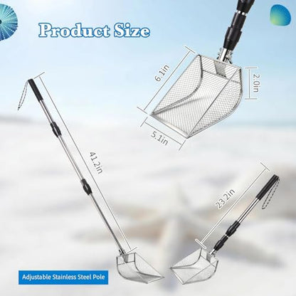 Upgraded 2Pcs Shark Tooth Sifter,Beach Sand Shovel Set,Effortless Angled Design Sand Scoop Shell Scooper for Easy Digging,Reinforced Head,Telescoping Handle for Kids Adults (2pcs Sand Sifter)