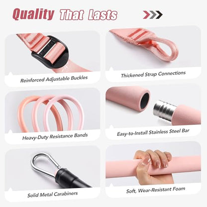 Upgraded Pilates Bar Kit with Resistance Bands Natural Latex for Women & Men, Heavy-Duty Stainless Steel Multifunctional Yoga Pilates Stick for Home Gym Exercise Fitness Equipment Full-Body Workouts - color: Rose Pink