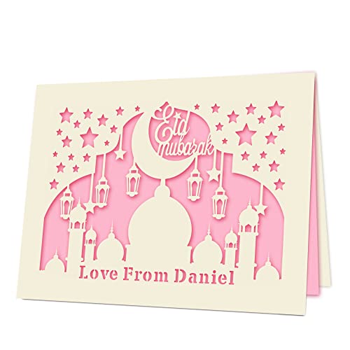 EDSG Personalized Eid Cards Custom Eid Mubarak Card Personalized Ramadan Gifts Eid Mubarak Decorations Ramadan Mubarak Decorations Ramadan Decoration for Her Him Boy Girl with Envelope (Pink) - color: Pink
