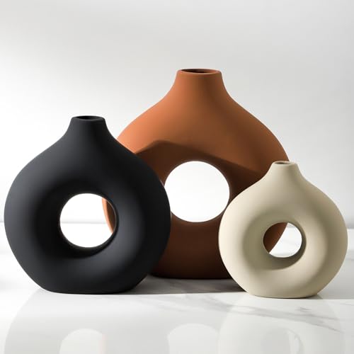 Vanselia Ceramic Vase Home Table Decor - Flower Vases Set of 3 Small Living Room Centerpiece Decorations for Shelf Bedroom Office Kitchen Dining Desk Modern Aesthetic Farmhouse Decorative (Rust) - color: Rust